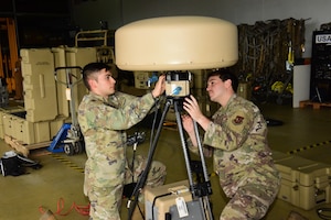 USAFE unveils the newest Tactical Air Navigation System. Small and portable, the antenna can provide precise distance information to 250 aircraft simultaneously to coordinate an effective air bridge to expedite military airlift and air operations wherever needed.