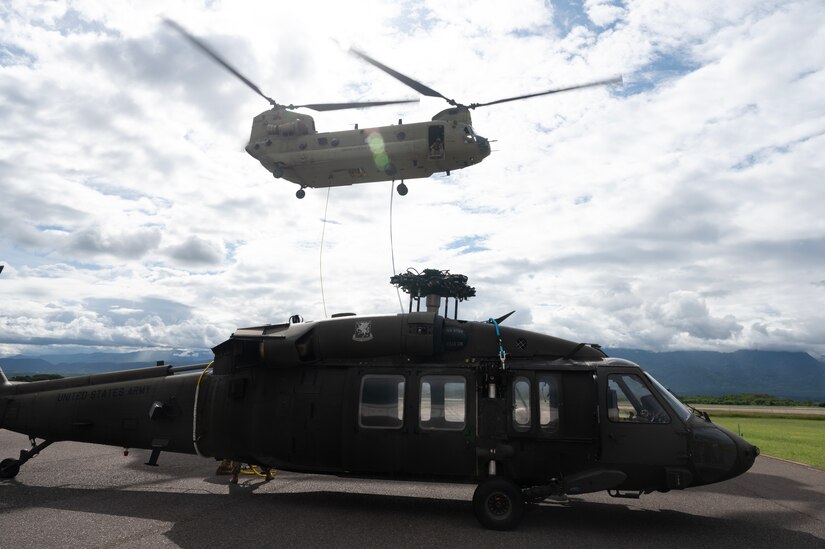 The training further built confidence between the maintainers and aviators supporting U.S. Southern Command, and highlights one of JTF-Bravo's means of aerial recovery of inoperative and lightly and heavily damaged helicopters using medium-lift and heavy-lift helicopters as the recovery vehicles.