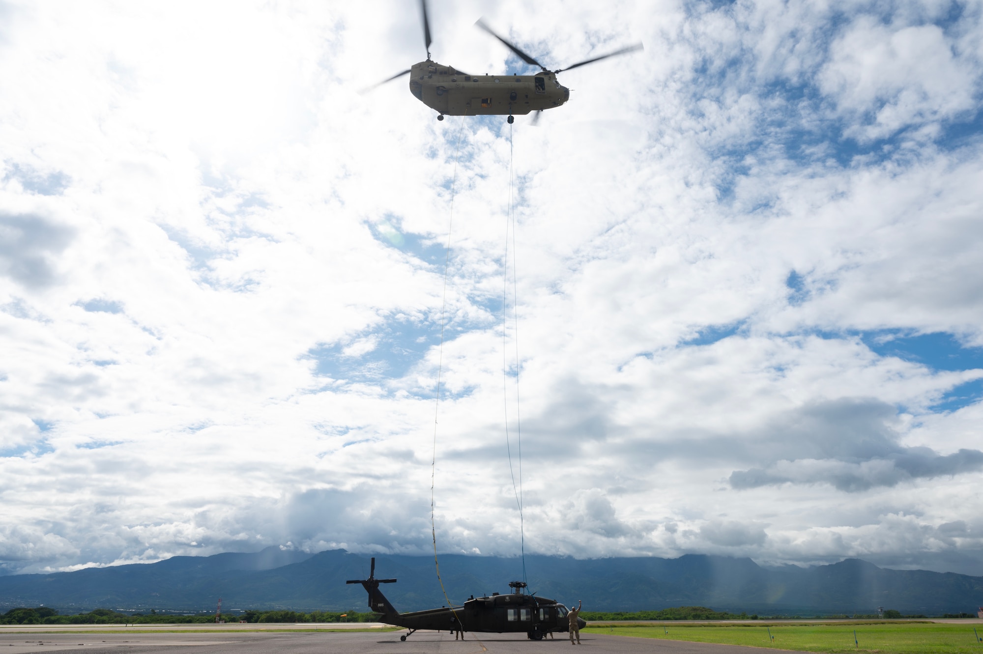 The training further built confidence between the maintainers and aviators supporting U.S. Southern Command, and highlights one of JTF-Bravo's means of aerial recovery of inoperative and lightly and heavily damaged helicopters using medium-lift and heavy-lift helicopters as the recovery vehicles.