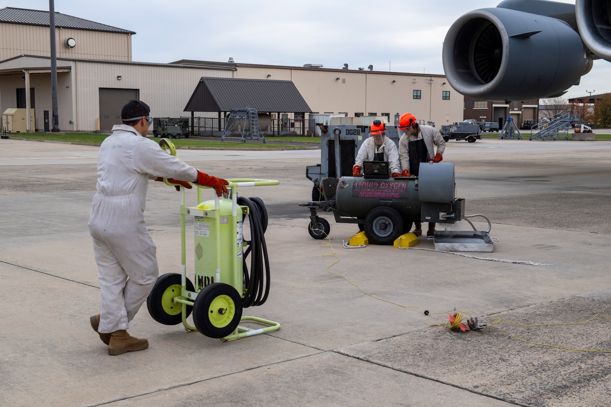 Reserve Citizen Airmen from the 514th Aircraft Maintenance Squadron, 514th Air Mobility Wing, conduct routine maintenance on a C-17 Globemaster III at Joint Base McGuire-Dix-Lakehurst, N.J., on Nov. 4, 2023.