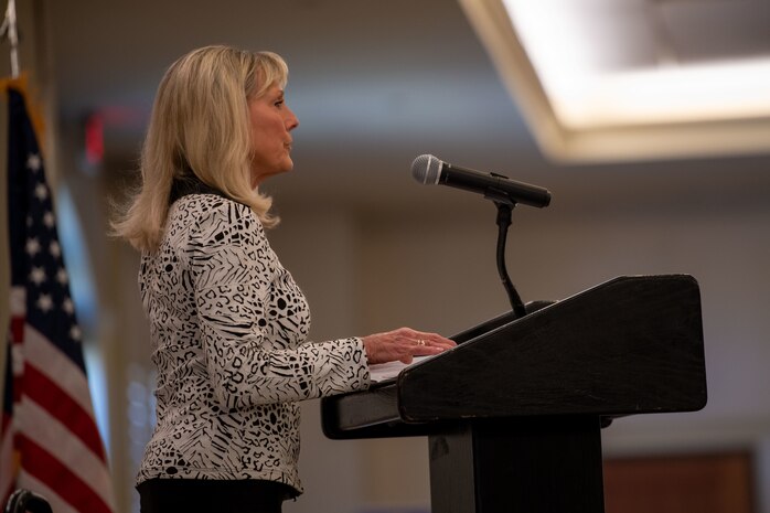 Janis Newton, graduated Joint Base Charleston honorary commander, speaks during an honorary commander induction ceremony on JB Charleston, South Carolina, Nov. 2, 2023.