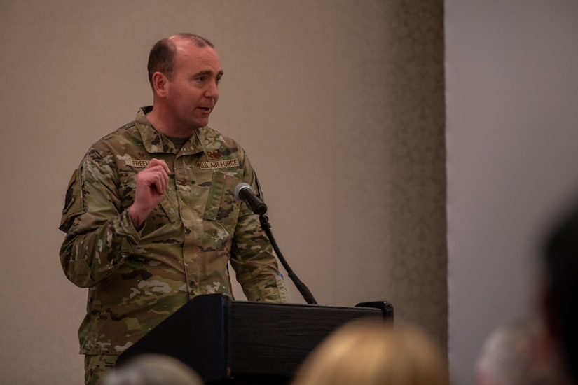 U.S. Air Force Col. Michael Freeman, 628th Air Base Wing commander, delivers a speech during an honorary commander induction ceremony on Joint Base Charleston, South Carolina, Nov. 2, 2023.