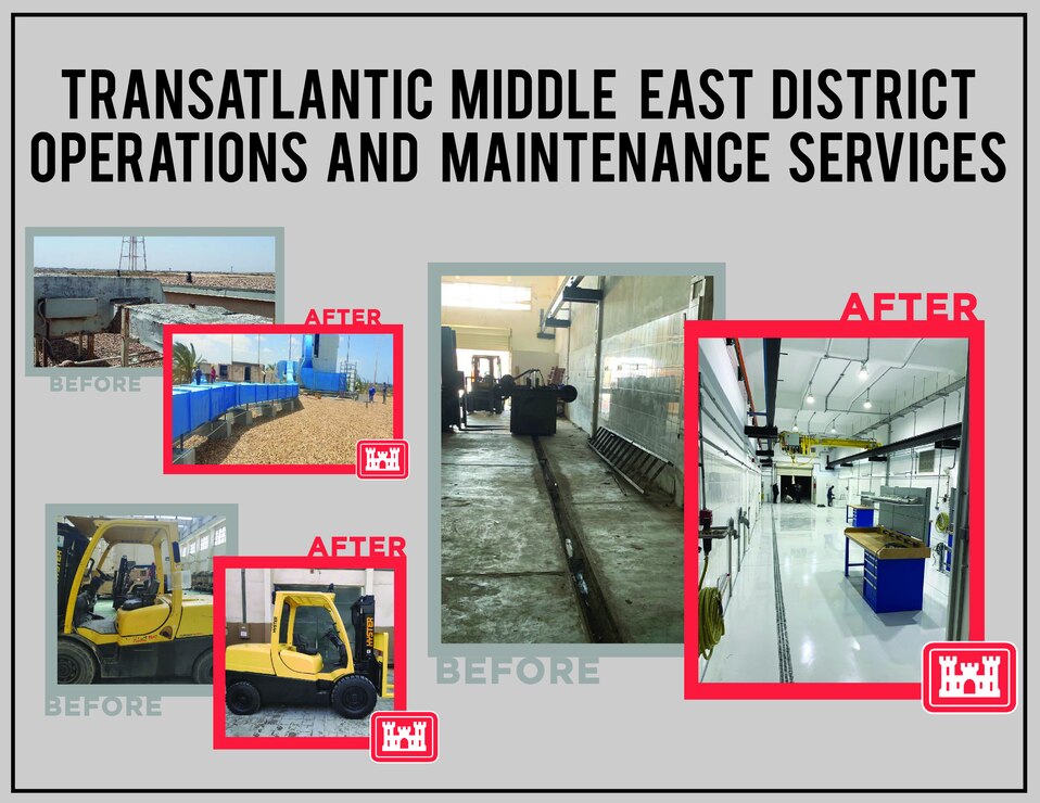 Before and after photos of equipment and facilities repaired under Operations and Maintenance contracts.