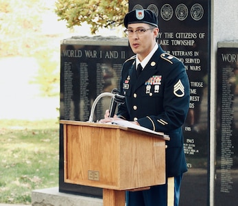 Illinois Army National Guard Staff Sgt. J. Manuel Rojas Garcia of the Springfield-based 232nd Combat Sustainment Support Battalion was the guest speaker at the Clear Lake Township (Illinois) 23rd Annual Veterans Day Remembrance Ceremony on Nov. 5.