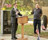 Parker Staab of Staab Funeral Home in Springfield, Illinois, speaks during the Clear Lakes Township ceremony.