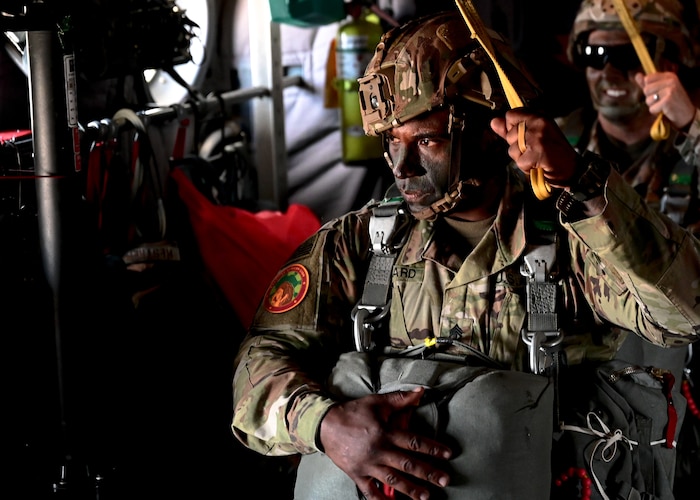 U.S. Army soldiers from the 173rd Airborne Brigade based out of Vicenza, Italy, prepare to perform a joint operations jump from U.S. Air Force and Royal Moroccan Air Force C-130H Hercules aircraft at Ben Guerir Air Base, Morocco, June 10, 2023. African Lion 23 provides an opportunity to conduct realistic, dynamic and collaborative readiness training. Approximately 8,000 personnel from 18 nations will participate in African Lion 2023, U.S. Africa Command's largest annual combined, joint exercise that will take place in Ghana, Morocco, Senegal and Tunisia from May 13 to June 18, 2023. (U.S. Air Force photo by Tech. Sgt. Steven Adkins)