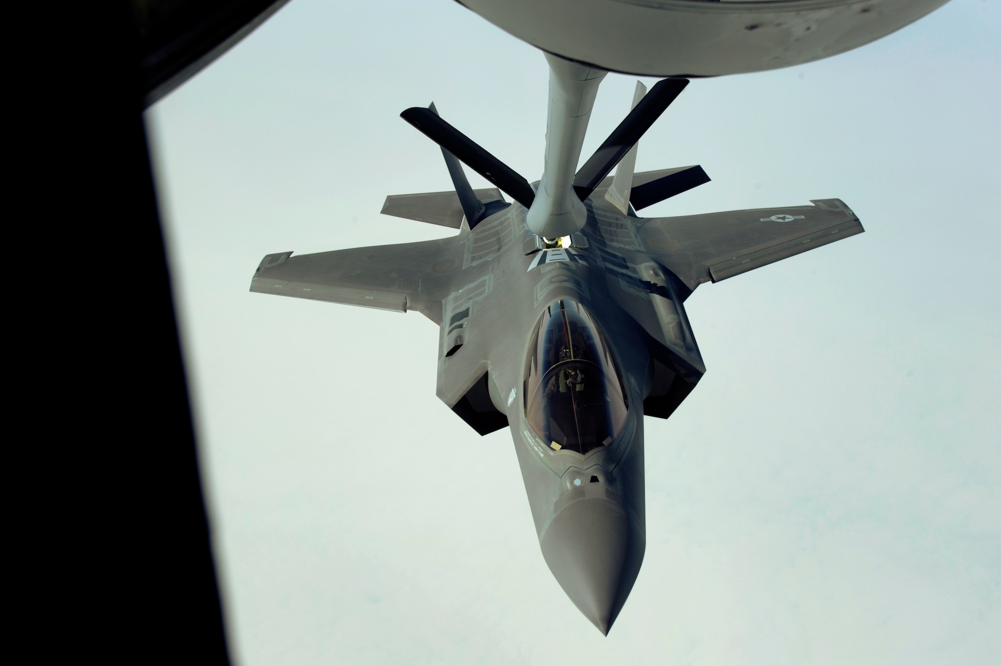 U.S. Air Force F-35 Lightning II being refueled by a KC-135 Stratotanker.