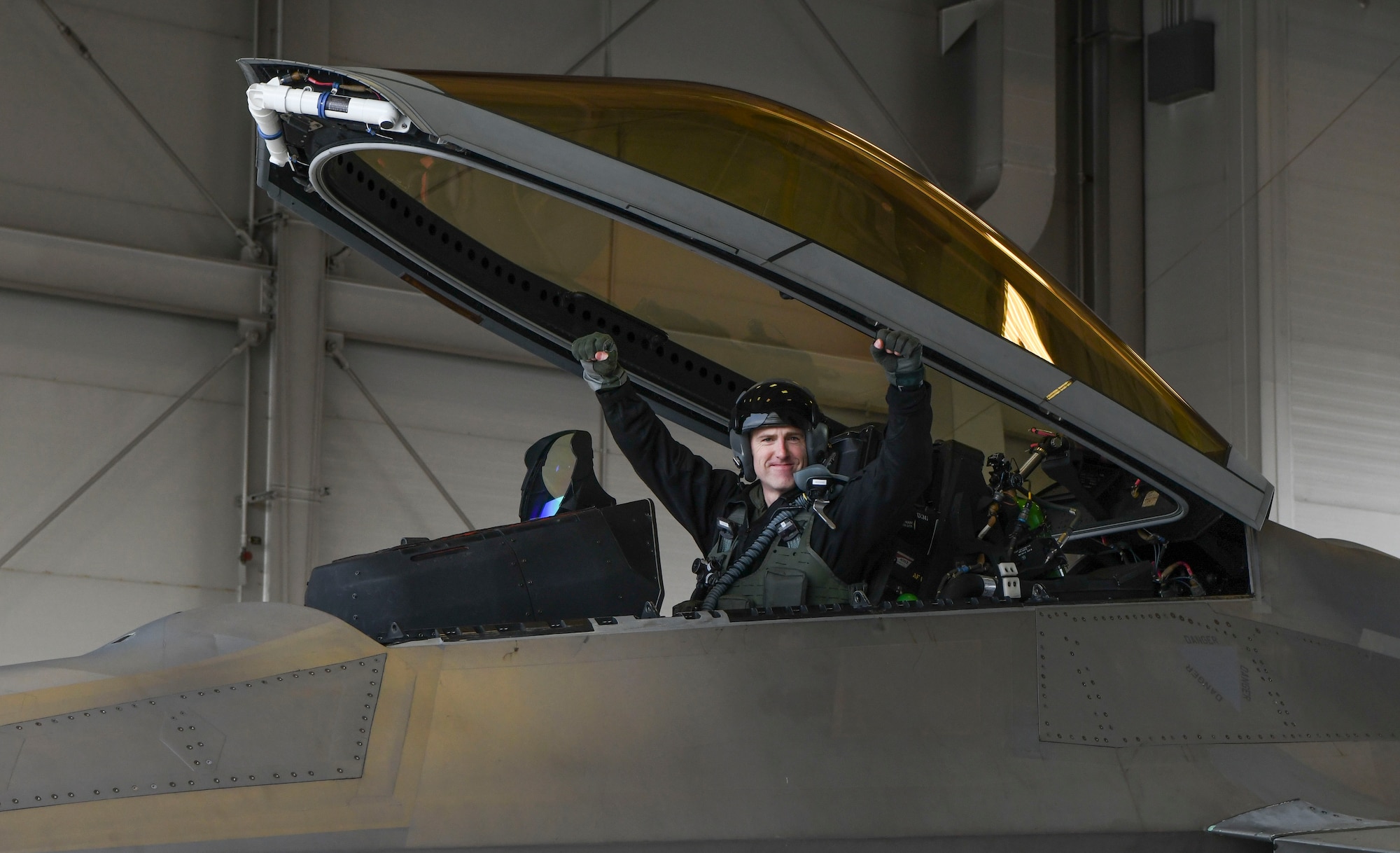 Lt. Col. John Deloney, 302nd Fighter Squadron F-22 Raptor pilot instructor, flys his fini flight Dec. 3, 2022, Joint Base Elmendorf Richardson, Alaska. Deloney accomplished over 2200 flying hours during his service.