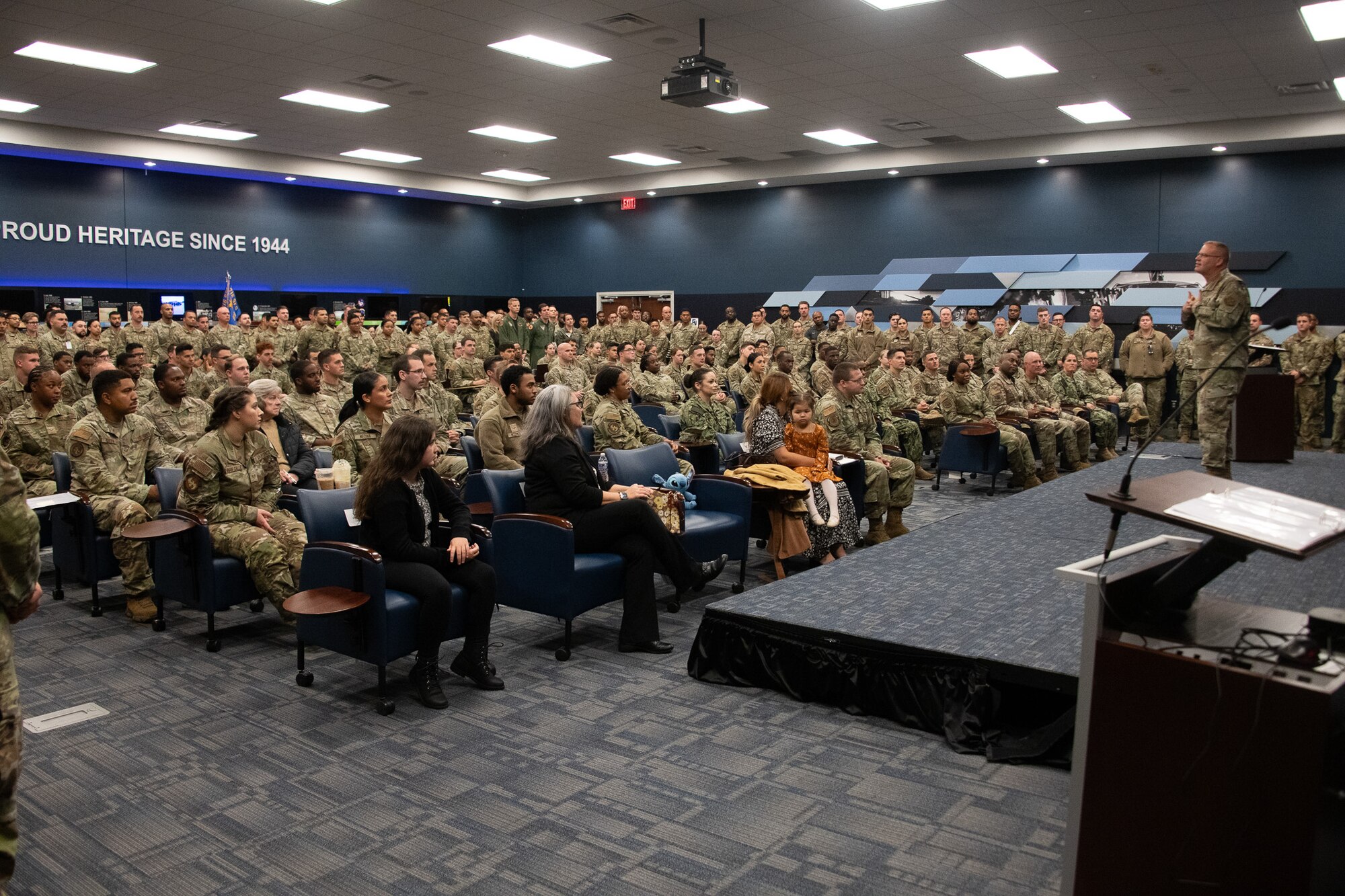 Major General DeVoe speaking to families and Security Forces members at Airman's Medal Presentation.