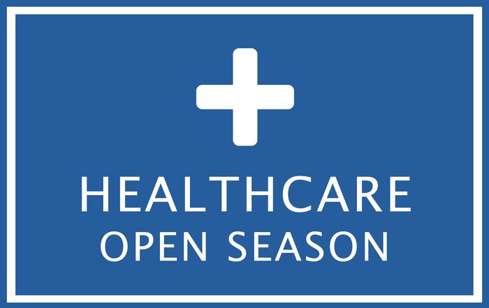 A blue background surrounded by a white rectangle with a medical logo at the top of the blue. In bold print towards the bottom with white coloration it says "Healthcare Open Season"