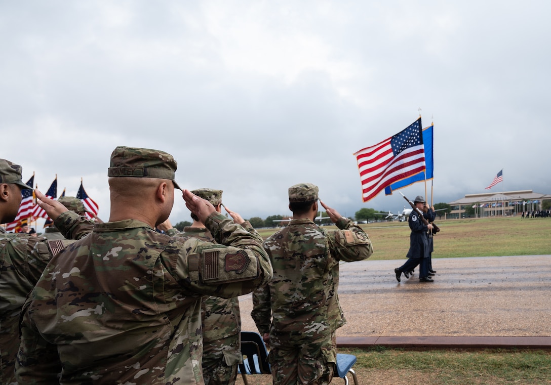 Senior noncommissioned officers from around the Office of Special Investigations got a first-row seat for a Basic Military Training Graduation Oct. 26, 2023, at Joint Base San Antonio - Lackland, Texas. (U.S. Air Force photo by Thomas Brading, OSI Public Affairs)