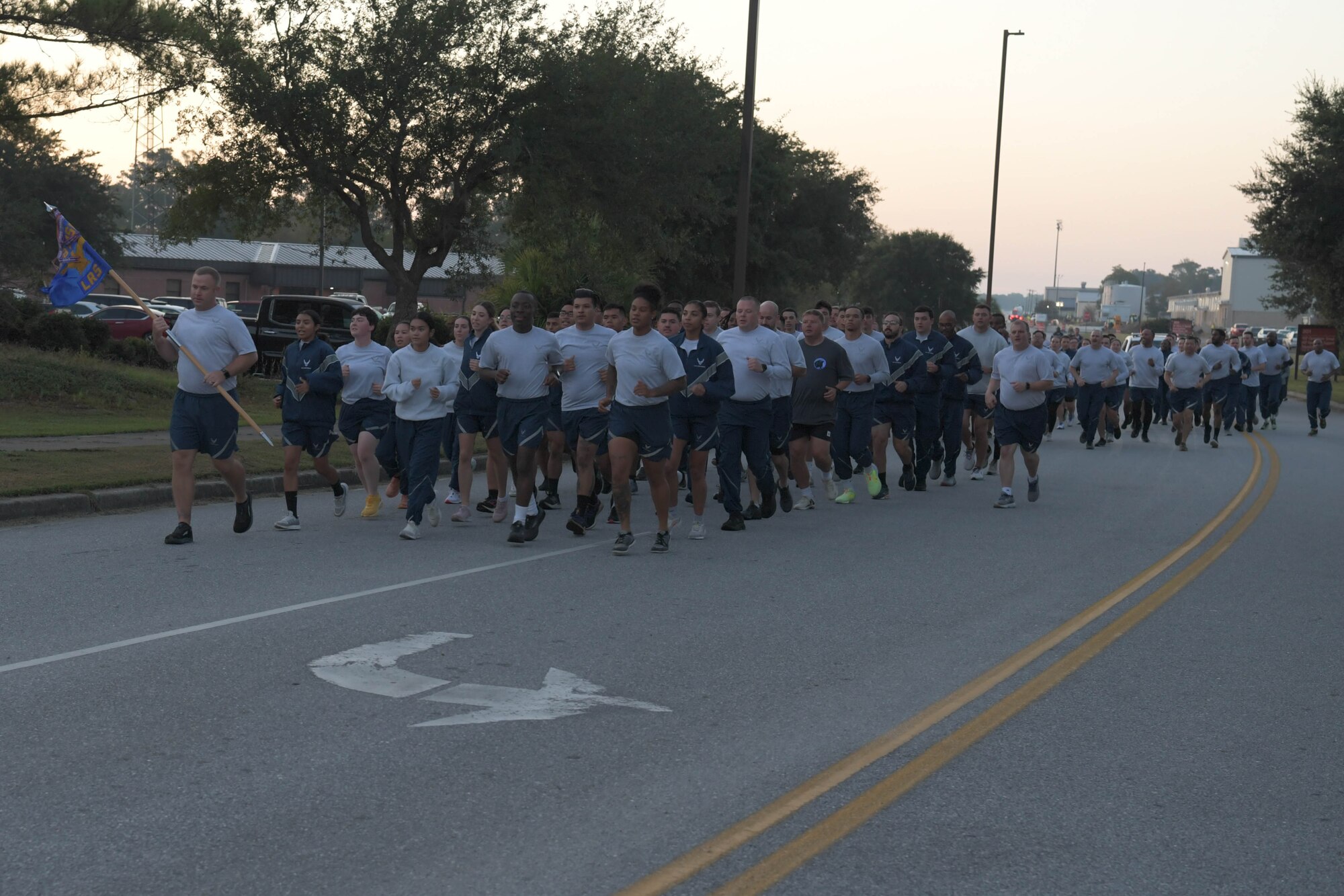 Airmen from the 628th Air Base Wing participate in a formation run on Joint Base Charleston, South Carolina, Oct. 20, 2023.