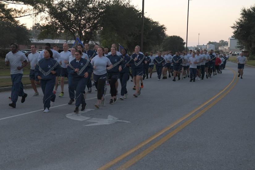 Airmen from the 628th Air Base Wing participate in a formation run on Joint Base Charleston, South Carolina, Oct. 20, 2023.