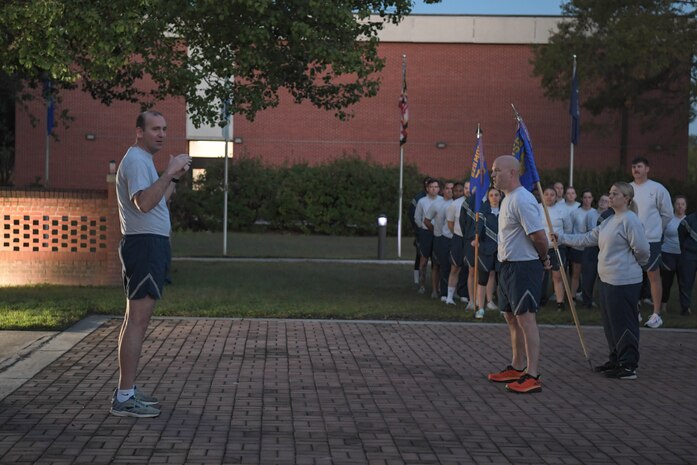 U.S. Air Force Col. Michael Freeman, 628th Air Base Wing commander, addresses Airmen before a wing formation run at Joint Base Charleston, South Carolina, Oct. 20, 2023.