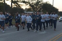 Airmen from the 628th Air Base Wing participate in a formation run on Joint Base Charleston, South Carolina, Oct. 20, 2023.