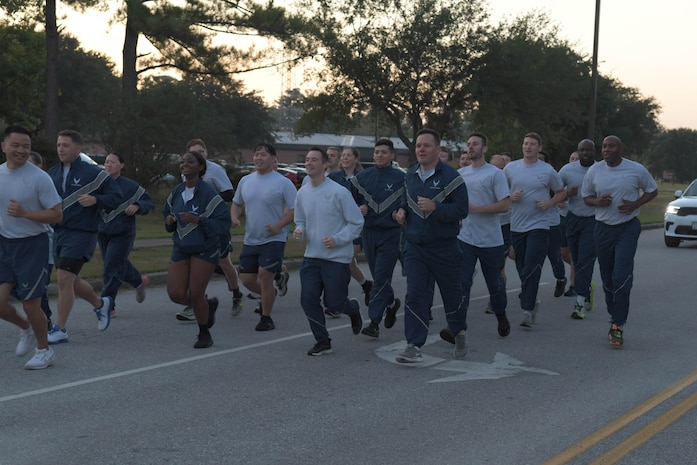 Airmen from the 628th Air Base Wing participate in a formation run on Joint Base Charleston, South Carolina, Oct. 20, 2023.