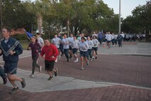 Airmen from the 628th Air Base Wing participate in a formation run on Joint Base Charleston, South Carolina, Oct. 20, 2023.