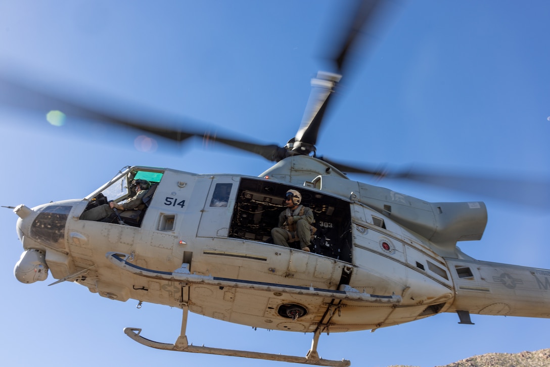 A U.S. Marine Corps UH-1Y Venom with Marine Light Helicopter Attack Training Squadron (HMLAT) 303, Marine Aircraft Group 39, 3rd Marine Aircraft Wing, takes off after inserting a ground control team at Anza-Borrego Desert State Park, California, Nov. 5, 2023