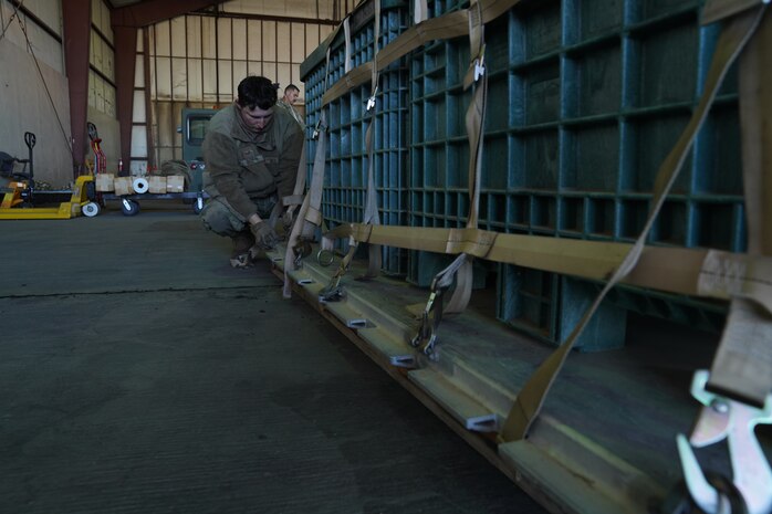 U.S. Air Force Senior Airman Donovan Gill, 9th Maintenance Squadron fuel systems repair journeyman, practices pallet buildup during the Multi-Capable Airmen Tier-1 course Oct. 26, 2023, at Beale Air Force Base, California.
