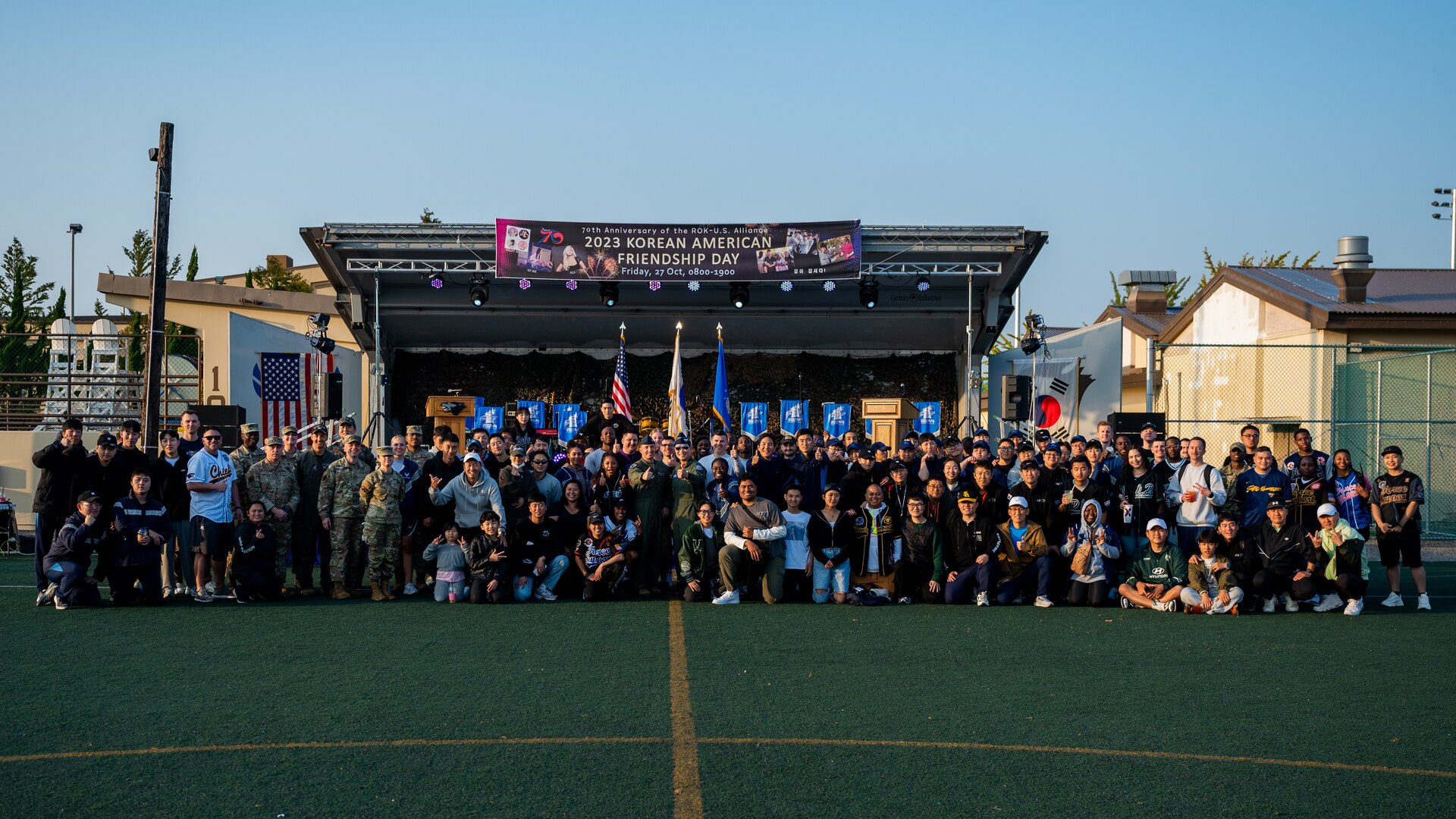 Members from the U.S. Air Force 8th Fighter Wing and Republic of Korea 38th Fighter Group gather for a group photo during the seventh annual Friendship Day