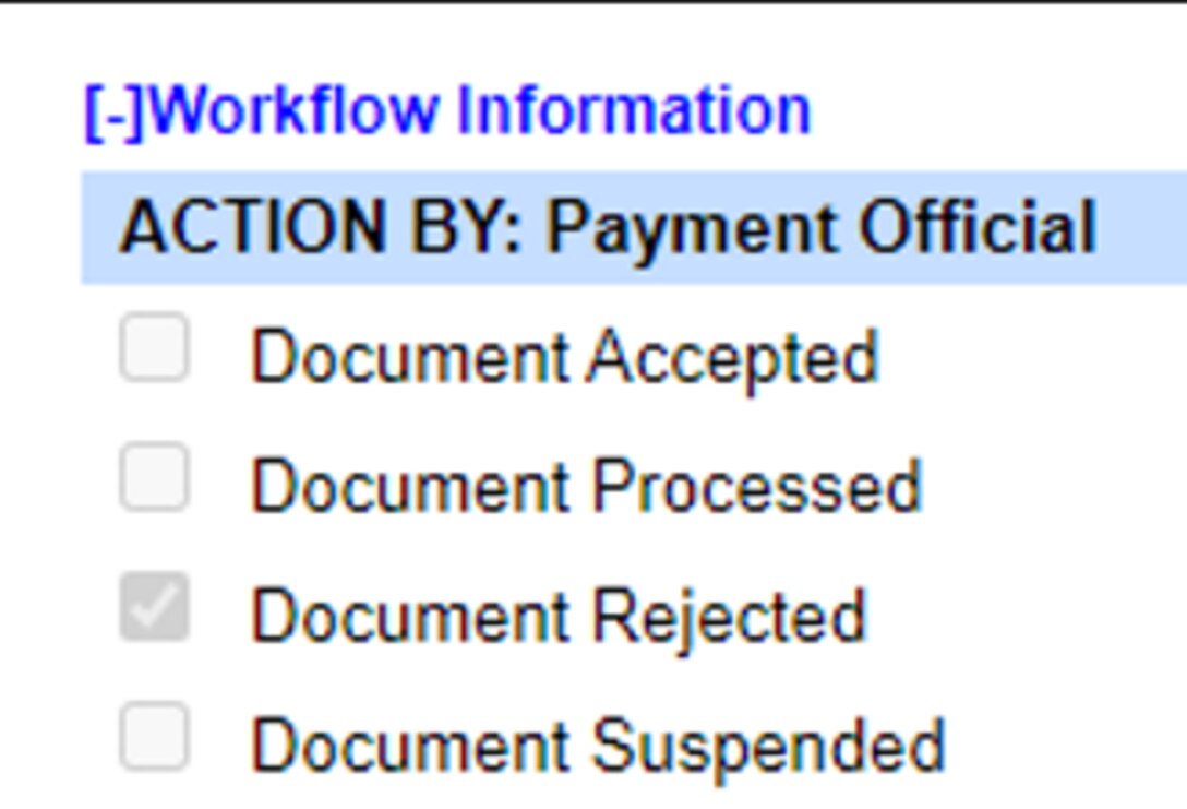 Action By: Payment Official in WAWF has a check mark beside Document Rejected label