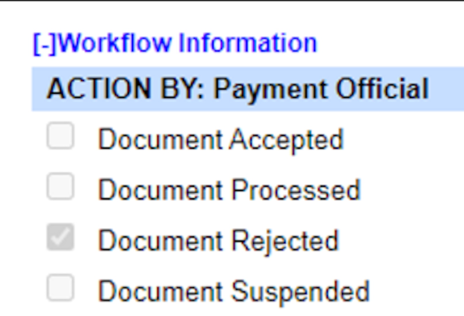 Action By: Payment Official in WAWF has a check mark beside Document Rejected label
