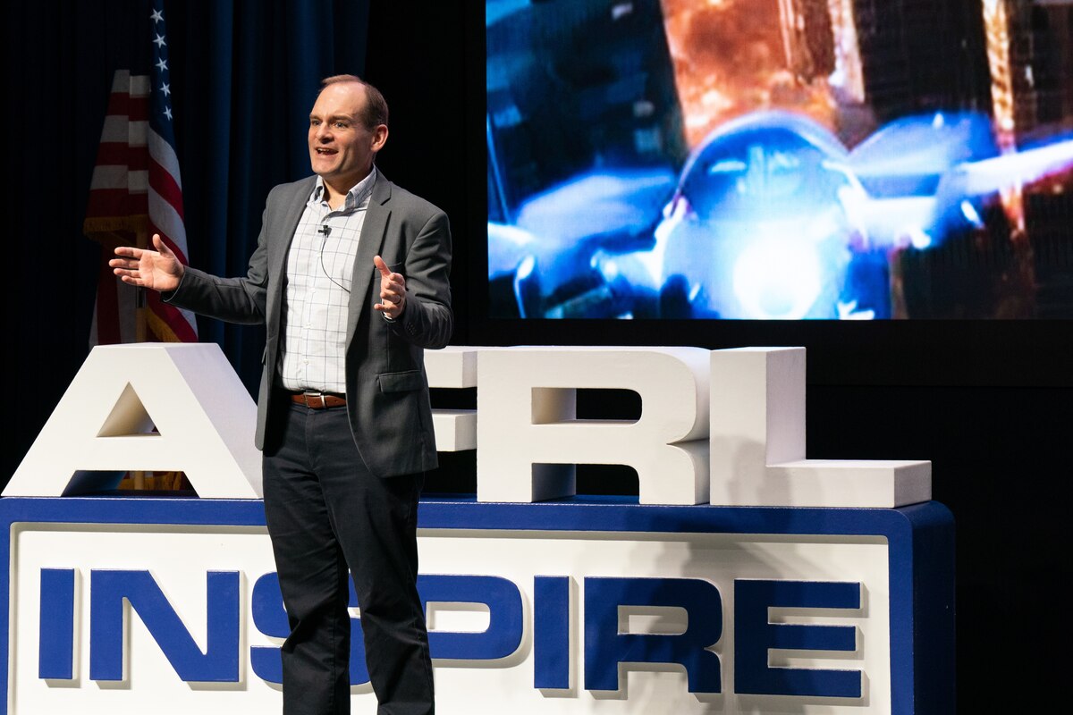 Matt Duquette, an aerospace engineer based in the Air Force Research Laboratory, or AFRL’s, Integrated Capabilities Directorate, offers remarks on the future of artificial intelligence and autonomous aircraft in his speech “Autonomous Aircraft: A Partnership of Human and Machine” at the 2023 AFRL Inspire event at the Air Force Institute of Technology’s Kenney Hall, Oct. 26, 2023. As humans grow increasingly worried about AI rendering them obsolete, it is important to recognize that the partnership between humans and machines is a source of strength, Duquette argued. The theory of “Humans Are Best At”-“Machines Are Best At”, or HABA-MABA, posits that humans are better at certain tasks while machines excel at others, and in learning to work together, true progress can be achieved, Duquette said. (U.S. Air Force photo / Cherie Cullen)
