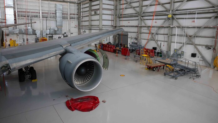 airplane wing in hangar