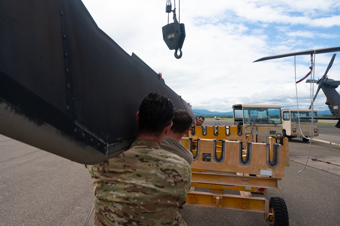 The training further built confidence between the maintainers and aviators supporting U.S. Southern Command, and highlights one of JTF-Bravo's means of aerial recovery of inoperative and lightly and heavily damaged helicopters using medium-lift and heavy-lift helicopters as the recovery vehicles.