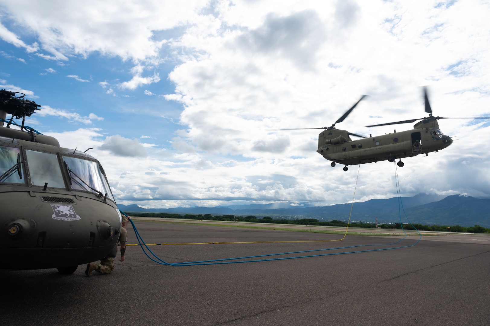 The training further built confidence between the maintainers and aviators supporting U.S. Southern Command, and highlights one of JTF-Bravo's means of aerial recovery of inoperative and lightly and heavily damaged helicopters using medium-lift and heavy-lift helicopters as the recovery vehicles.