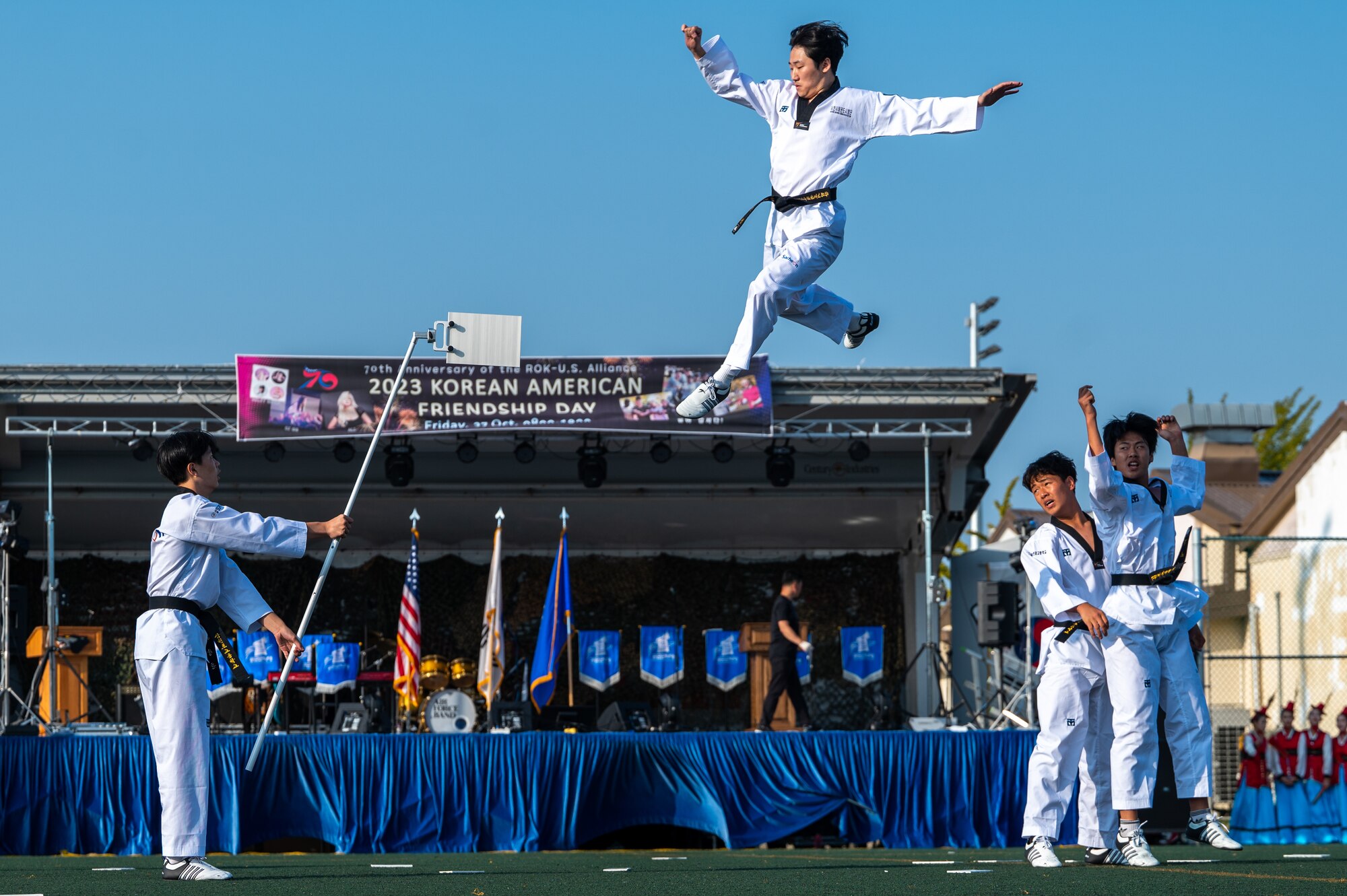 A taekwondo team from Samcheonpo High School performs a demonstration during the seventh annual Friendship Day