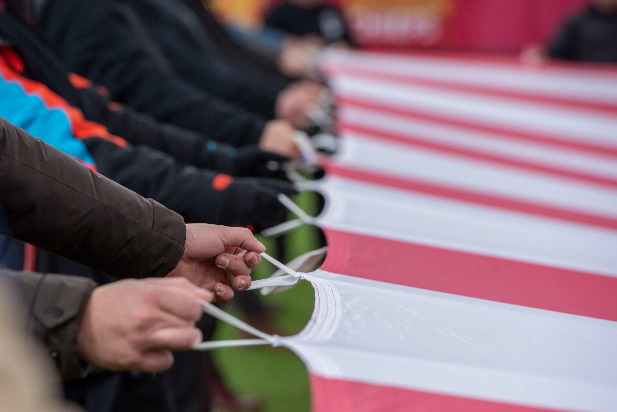 People hold a flag