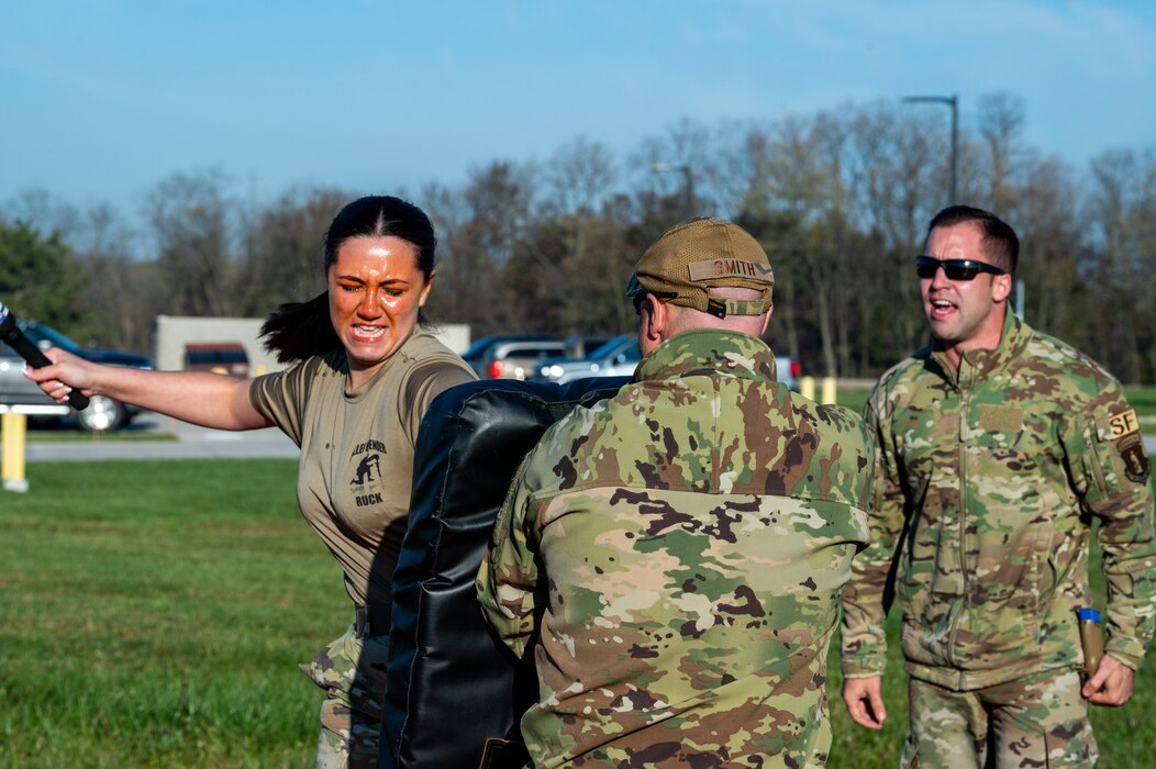 Airmen doing pepper spray training.