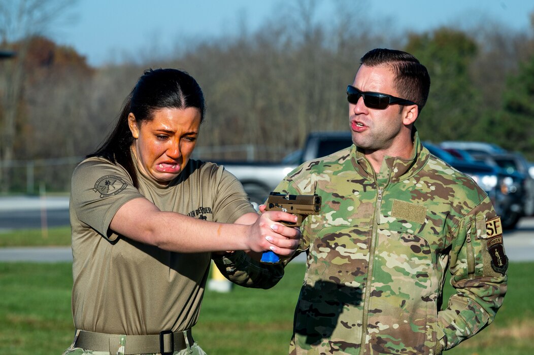 Airmen doing pepper spray training.