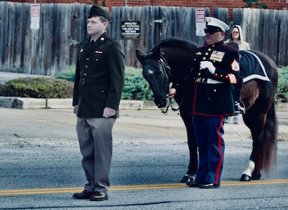Illinois Army National Guard Private 1st Class Aden Trautvetter stands at attention during the Quincy (Illinois) Veterans Day Parade on Nov. 4.