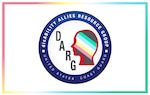 A blank white slate with a multi colored rainbow style border with a human head silhouette in the middle surrounded by the words disABILITY allies resource group and DARG in bold brown lettering in the center beside the silhouette of the head.
