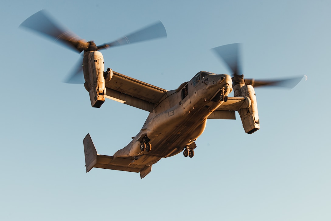 A U.S. Marine Corps MV-22B Osprey aircraft with Marine Aviation Weapons and Tactics Squadron One, prepares to land during a noncombatant evacuation operation exercise as part of Weapons and Tactics Instructor Course 1-24 at Lance Cpl. Torrey Gray Field, Marine Corps Air-Ground Combat Center, Twentynine Palms, California, Oct. 20, 2023. WTI, hosted by MAWTS-1, is a seven-week course providing standardized advanced tactical training and certification of unit instructor qualifications to support Marine aviation training and readiness. The NEO allows the prospective WTIs to plan, brief, and execute while shifting their focus towards an in-depth review and dissection of rules of engagement, military authorities, and civil considerations. (U.S. Marine Corps photo by Lance Cpl. Justin J. Marty)