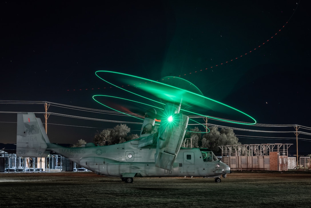 A U.S. Marine Corps MV-22B Osprey aircraft with Marine Aviation Weapons and Tactics Squadron One, prepares to land during a noncombatant evacuation operation exercise as part of Weapons and Tactics Instructor Course 1-24 at Lance Cpl. Torrey Gray Field, Marine Corps Air-Ground Combat Center, Twentynine Palms, California, Oct. 20, 2023. WTI, hosted by MAWTS-1, is a seven-week course providing standardized advanced tactical training and certification of unit instructor qualifications to support Marine aviation training and readiness. The NEO allows the prospective WTIs to plan, brief, and execute while shifting their focus towards an in-depth review and dissection of rules of engagement, military authorities, and civil considerations. (U.S. Marine Corps photo by Lance Cpl. Justin J. Marty)