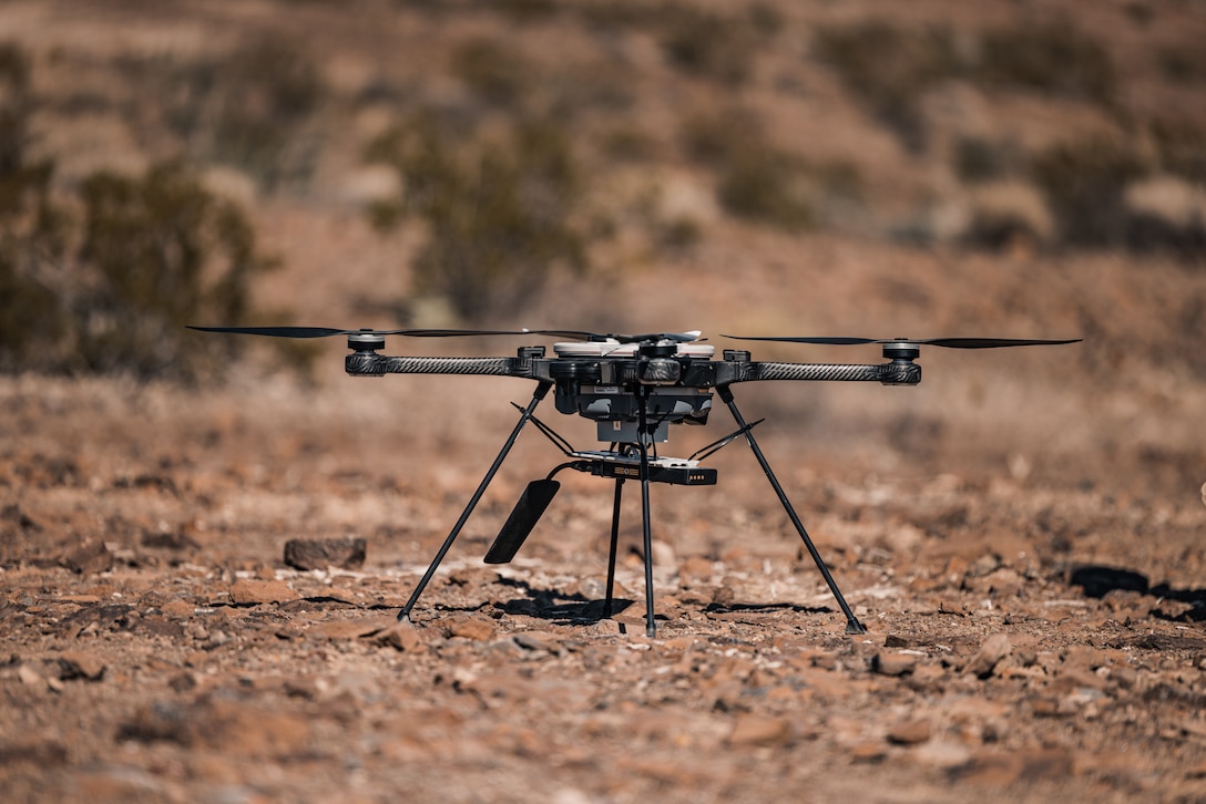 A U.S. Marine Corps R80D Skyraider drone assigned to 3rd Battalion, 4th Marine Regiment (REIN), 7th Marine Regiment, prepares to take off during Exercise Apollo Shield at Marine Corps Air-Ground Combat Center, Twentynine Palms, California, Oct 19. 2023. Exercise Apollo Shield is the culminating event of Marine Corps Warfighting Lab’s 1-year crawl-walk-run bilateral effort to test equipment capabilities and evaluate tactics, techniques, and procedures. The Combat Center provides a training facility capable of truly testing the equipment and it is home to the infantry battalion experiment 2030, the first unit to receive the equipment tested by MCWL. (U.S. Marine Corps photo by Lance Cpl. Justin J. Marty)