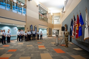 Air Force Chief of Staff Gen. CQ Brown, Jr. addresses members of NASIC during his visit here at Wright-Patterson Air Force Base, Ohio, July 31, 2023. Brown praised NASIC team members for their hard work and coined several top performers during his visit.