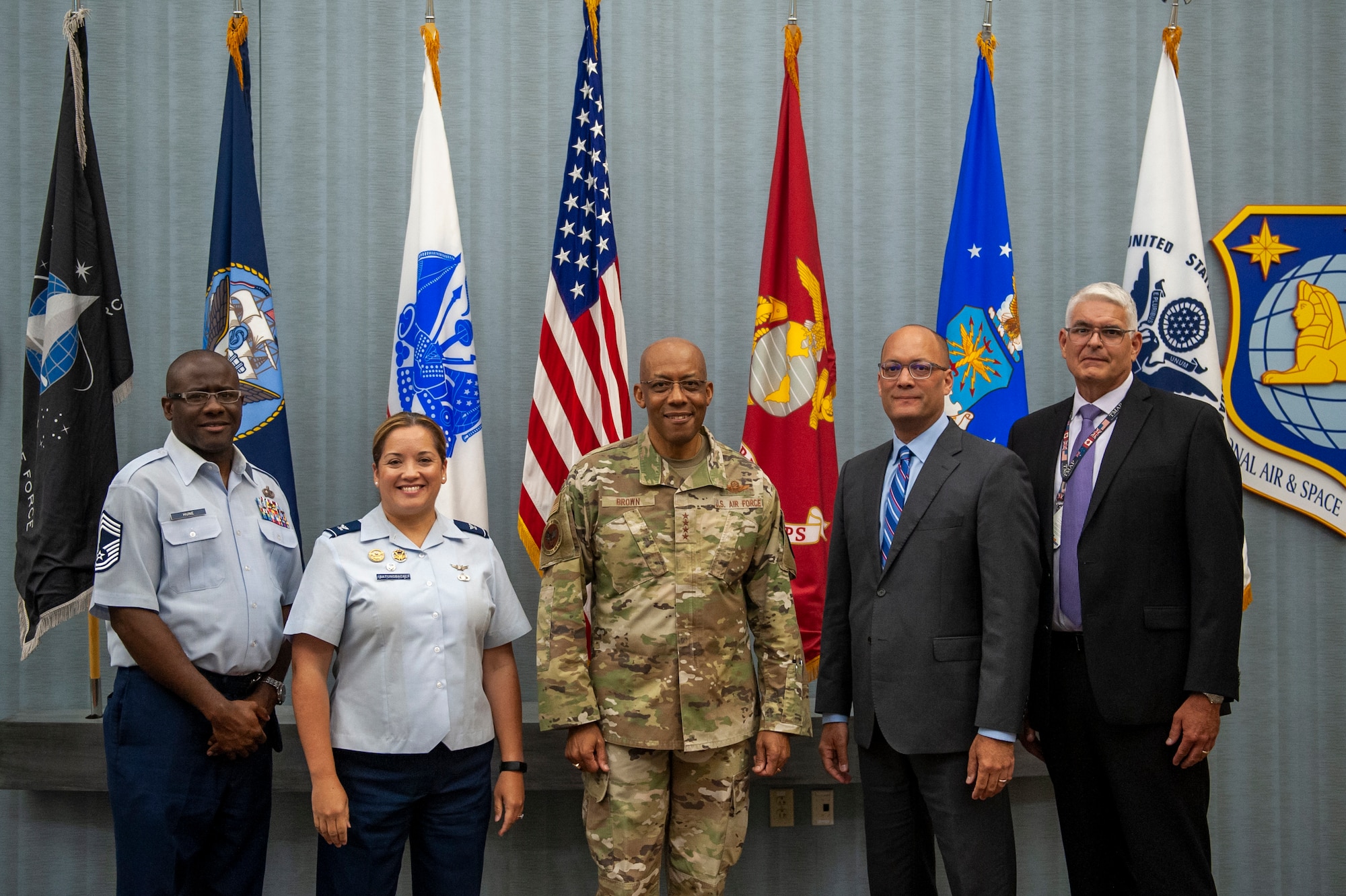 (From left to right) Chief Master Sgt. Tavarus Hune, Global Exploitation Intelligence Group senior enlisted leader, Col. Ariel G. Batungbacal, NASIC commander, Air Force Chief of Staff Gen. CQ Brown, Jr., Duane W. Harrison, NASIC Chief Scientist and Joseph W. Herrmann, NASIC Chief of Staff, pose for a photograph at Wright-Patterson Air Force Base, Ohio, July 31, 2023. Earlier that day, they provided Brown a tour and a series of intelligence briefings.