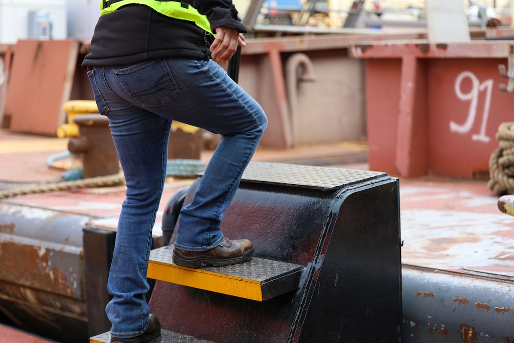 Kristen Haga, a U.S. Army Corps of Engineers safety specialist, provides occupational safety oversight on the Medium Capacity Fleet while it performs work at the Montgomery Locks and Dam in Monaca, Pennsylvania, Oct. 26, 2023.