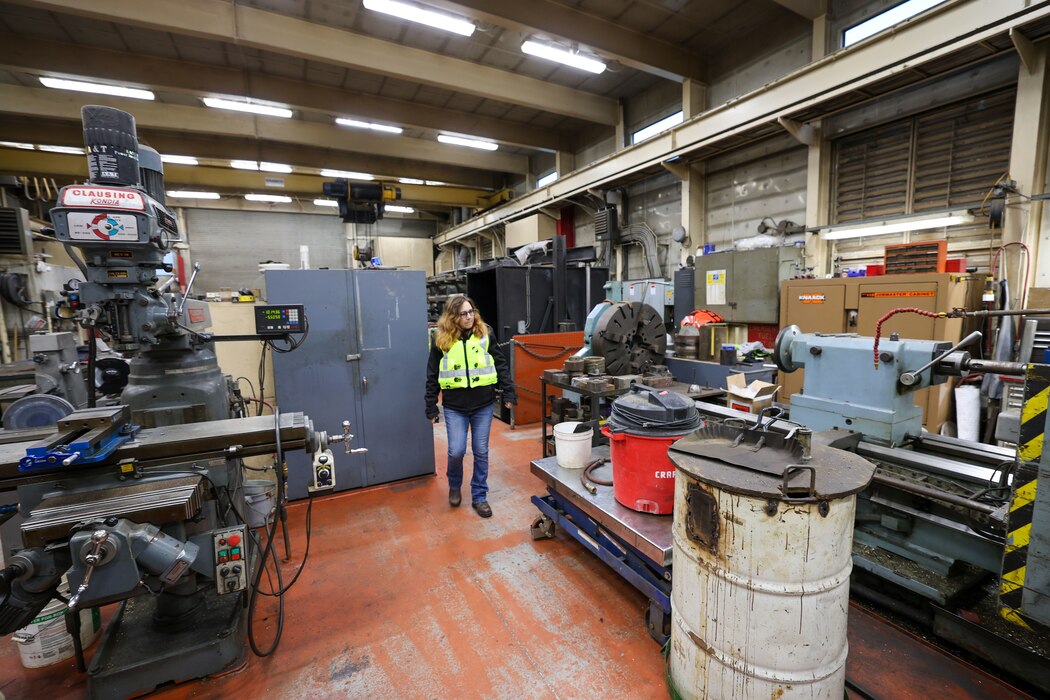 Kristen Haga, a U.S. Army Corps of Engineers safety specialist, provides occupational safety oversight on the Medium Capacity Fleet while it performs work at the Montgomery Locks and Dam in Monaca, Pennsylvania, Oct. 26, 2023.