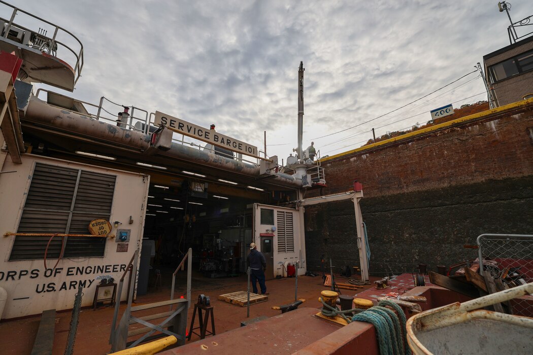 Kristen Haga, a U.S. Army Corps of Engineers safety specialist, provides occupational safety oversight on the Medium Capacity Fleet while it performs work at the Montgomery Locks and Dam in Monaca, Pennsylvania, Oct. 26, 2023.