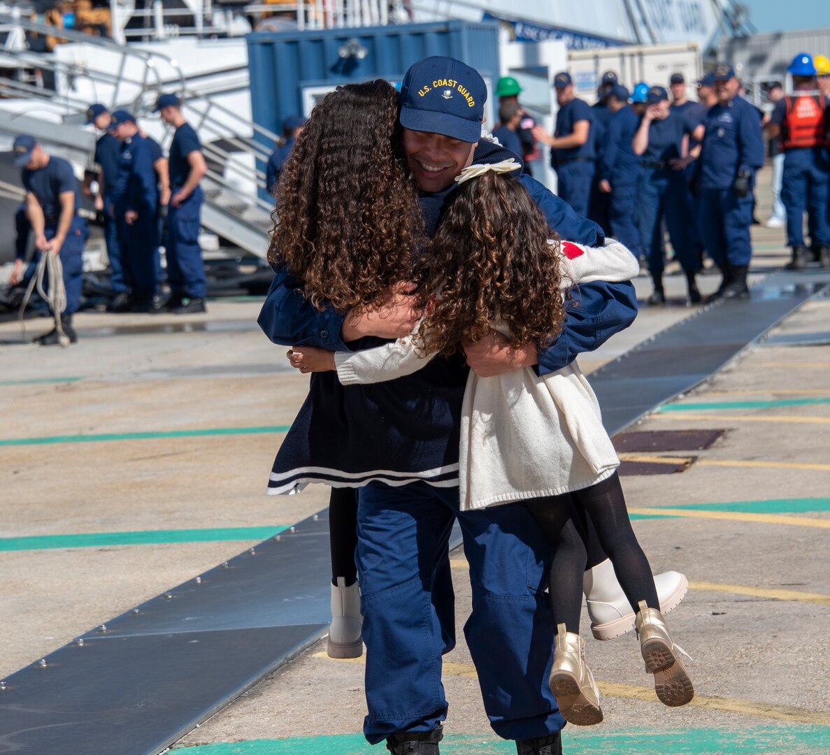 The crew of the Coast Guard Cutter James returns to the ship's homeport in North Charleston, S.C., Saturday, Nov. 4, 2023. The crew of the James conducted a 113-day patrol and conducted counter-drug operations.