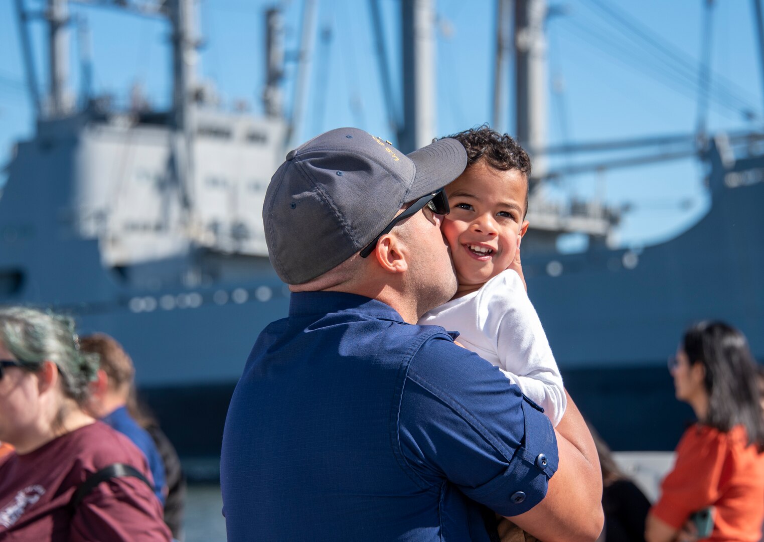 The crew of the Coast Guard Cutter James returns to the ship's homeport in North Charleston, S.C., Saturday, Nov. 4, 2023. The crew of the James conducted a 113-day patrol and conducted counter-drug operations.