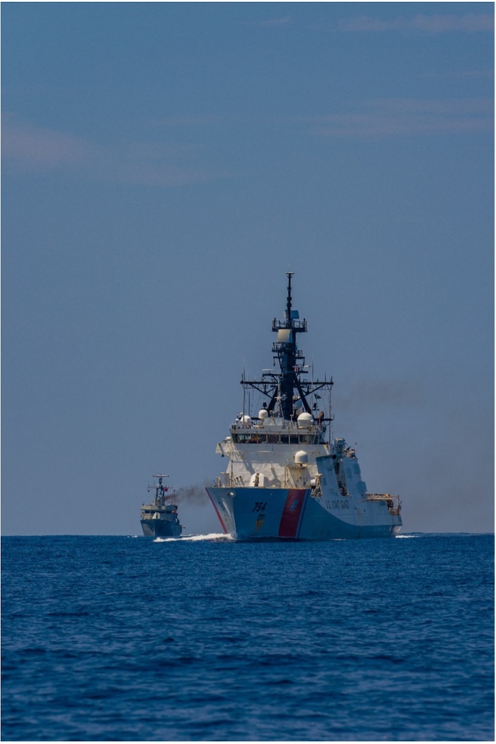 U.S. Coast Guard Cutter James conducts a joint operation with the Mexican navy’s ARM Chiapas to conduct close-quarters tactical maneuvering, at sea, Aug. 6, 2023. In addition to the tactical maneuvering, James and Chiapas also conducted flight operations, landing the Chiapas’ Panther helicopter on deck.