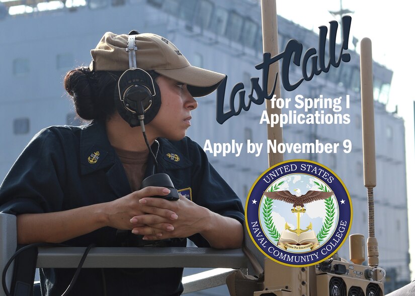 A graphic illustration of a U.S. Navy chief petty officer looking at the last call for Spring I Applications for the United States Naval Community College.