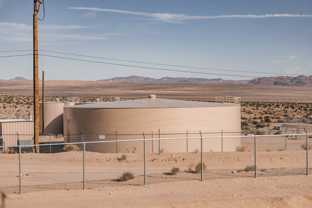 Water tanks facilitate potable water at the water treatment facility at Marine Corps Air-Ground Combat Center, Twentynine Palms, California, Oct. 17, 2023. The facility represents a substantial investment in ensuring both long term water quality and security for The Combat Center. The mission of the water treatment facility is to provide The Combat Center with safe and reliable drinking water to all service members, Department of Defense civilians, and their families. (U.S. Marine Corps photo by Lance Cpl. Justin J. Marty)