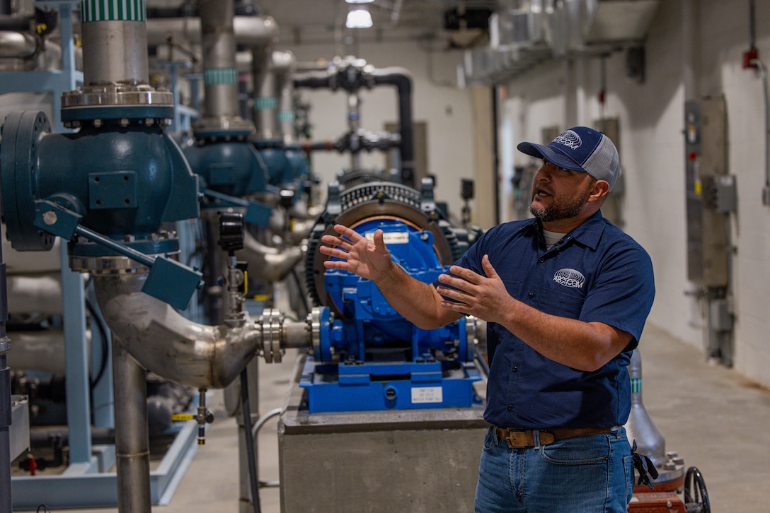 Daniel Urrutia, chief water plant operator for The Combat Center’s water treatment facility, explains the pump process of water treatment at the water treatment facility, Marine Corps Air-Ground Combat Center, Twentynine Palms, California, Oct. 17, 2023. The facility represents a substantial investment in ensuring both long term water quality and security for The Combat Center. The mission of the water treatment facility is to provide The Combat Center with safe and reliable drinking water to all service members, Department of Defense civilians, and their families. (U.S. Marine Corps photo by Lance Cpl. Justin J. Marty)